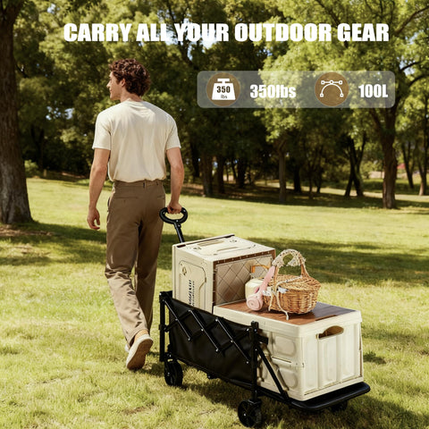 XMT 100L folding wagon with all-terrain wheels smoothly rolling on varied surfaces.