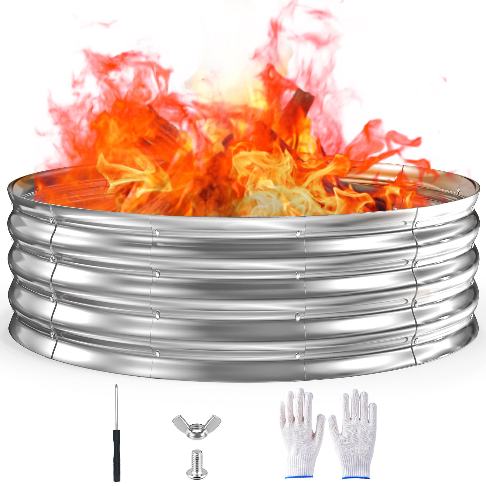 XOHUYD 60-Inch fire pit ring side view, durable galvanized steel for long-lasting warmth.