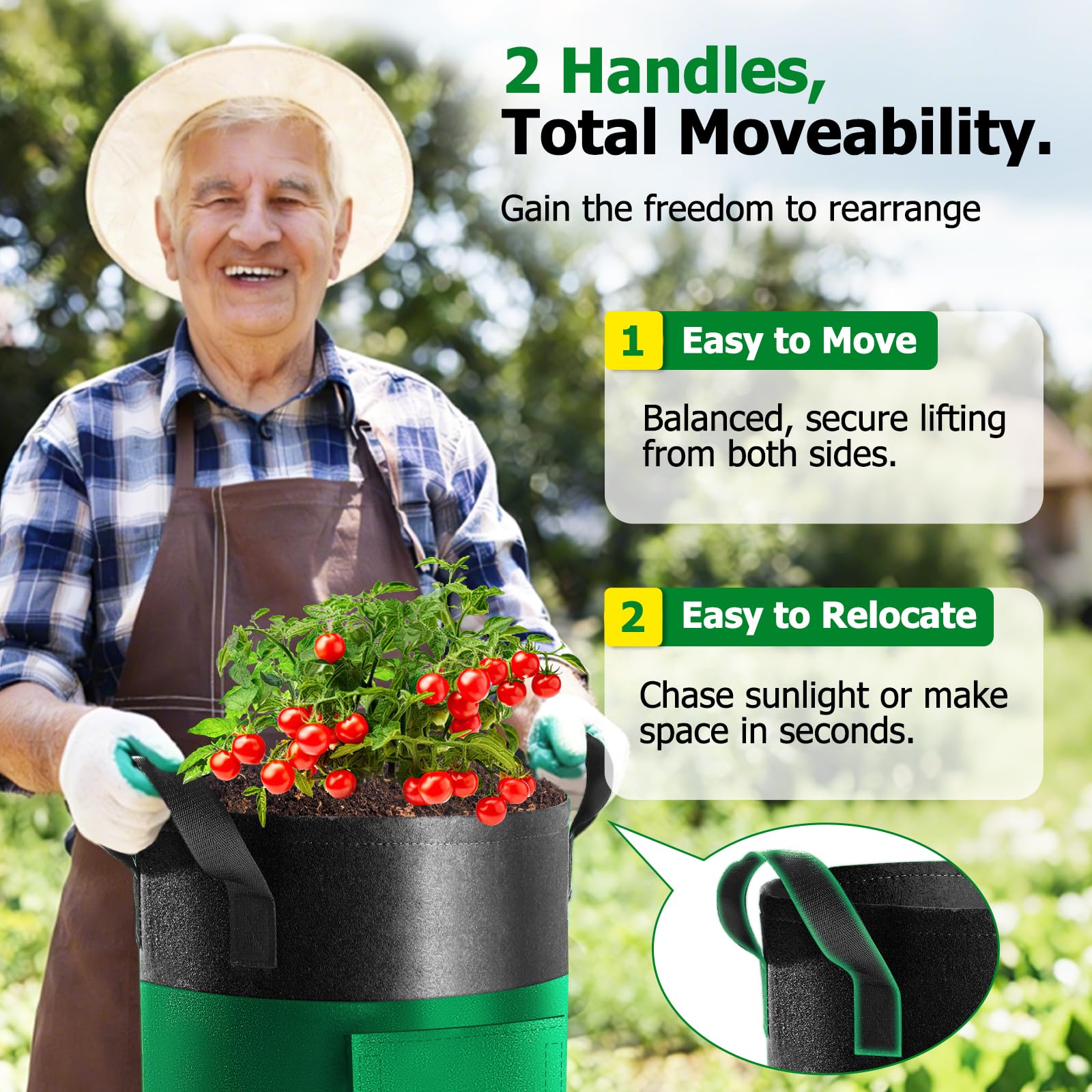 Xpatee grow bags with three handles for easy relocation around the garden.