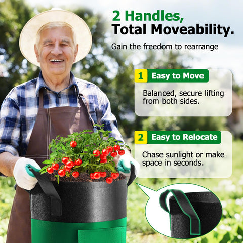 Xpatee grow bags with three handles for easy relocation around the garden.