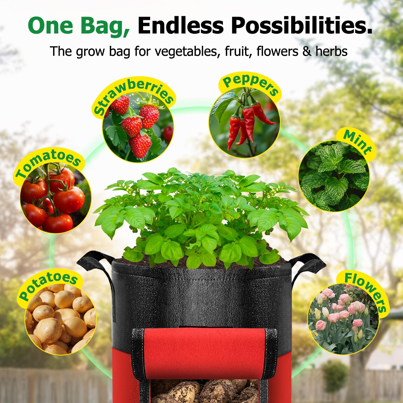 Xpatee versatile grow bags suitable for potatoes, tomatoes, peppers, strawberries, and herbs.