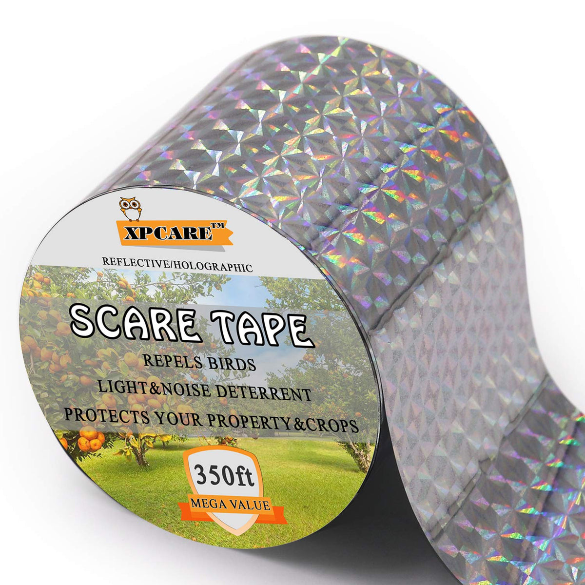 XPCARE Bird Scare Tape Ribbon 350ft with rainbow diamond pattern deters birds near windows.