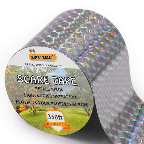 XPCARE Bird Scare Tape Ribbon 350ft with rainbow diamond pattern deters birds near windows.