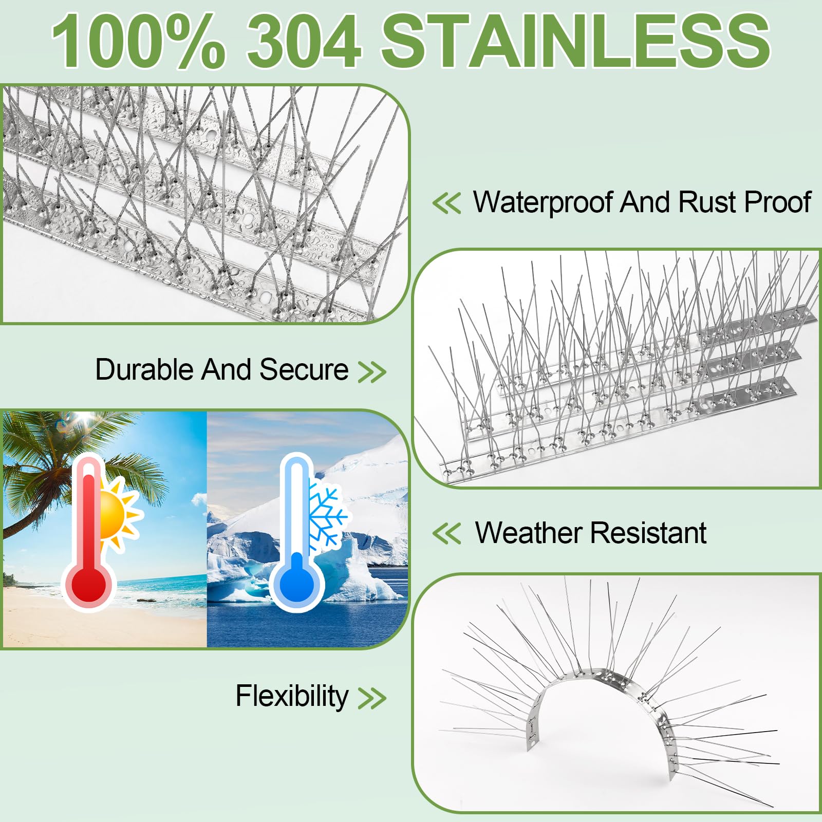 Stainless steel base allows upright or bent installation for tight spaces.