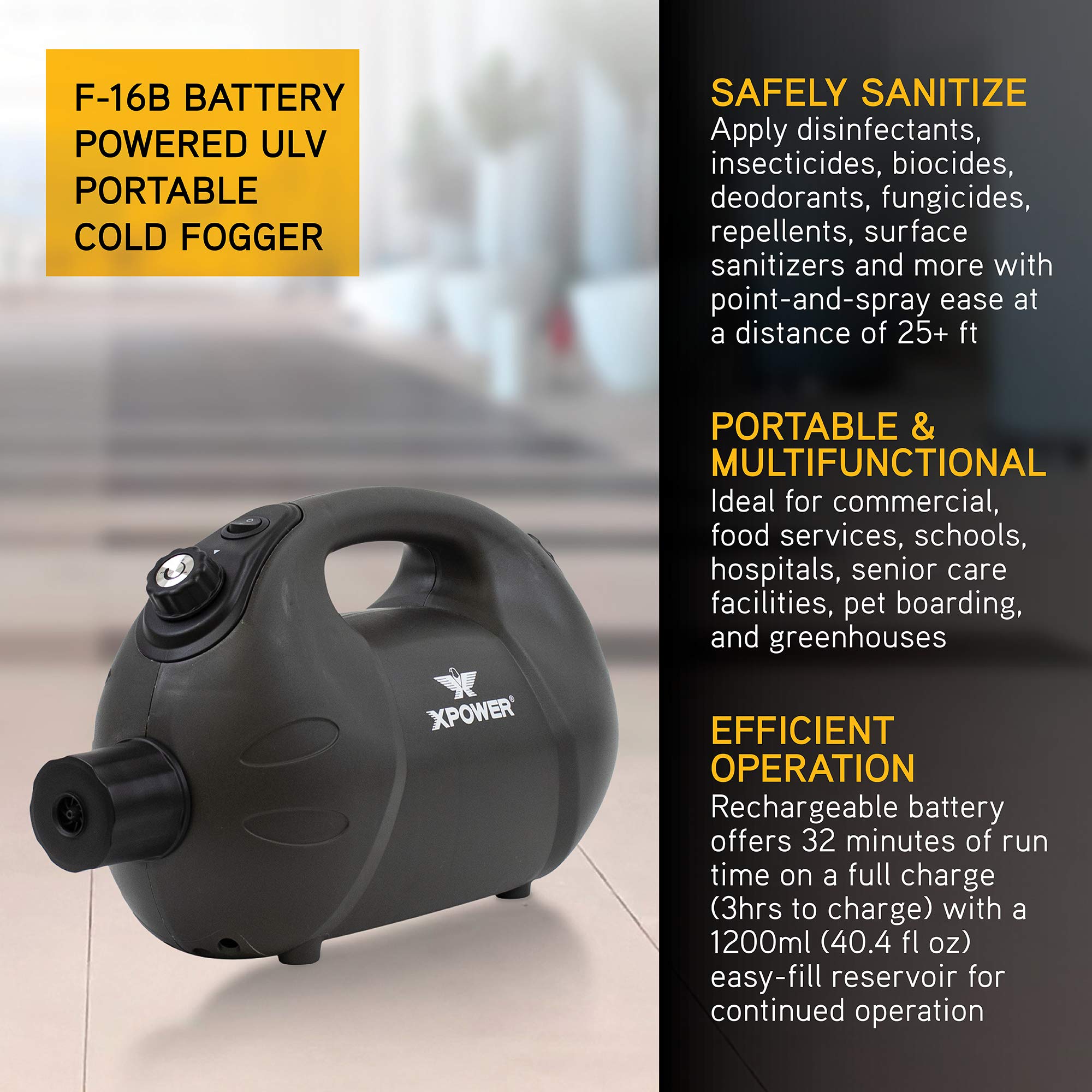 XPOWER F-16B mist spray reaching 25+ ft for wide-area coverage