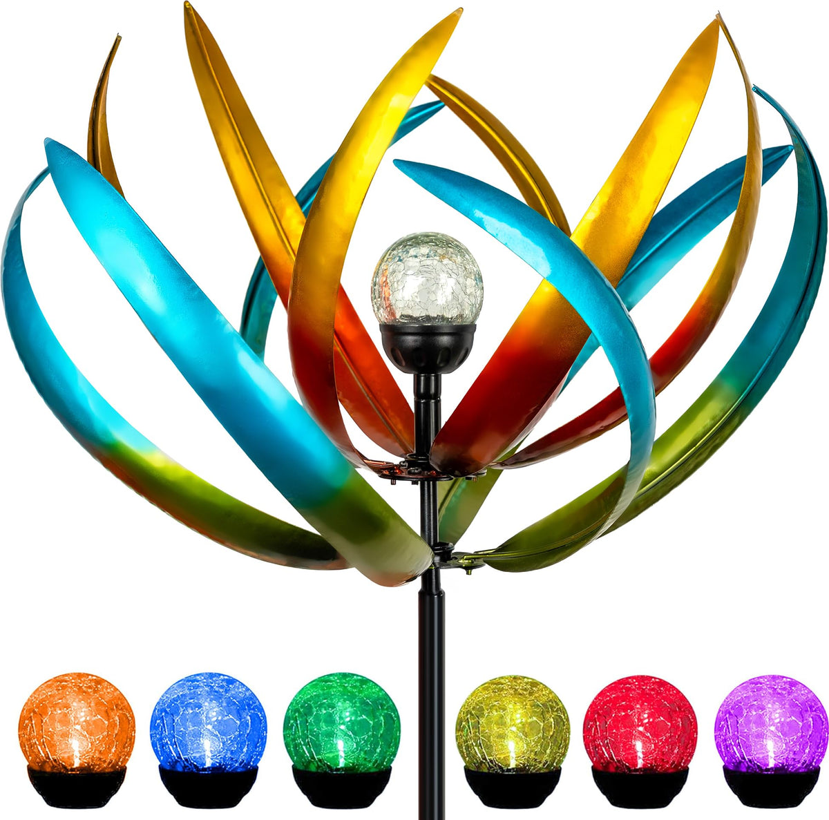 XPSCOCO 83-inch wind spinner with color-changing LED globe for outdoor ambiance.