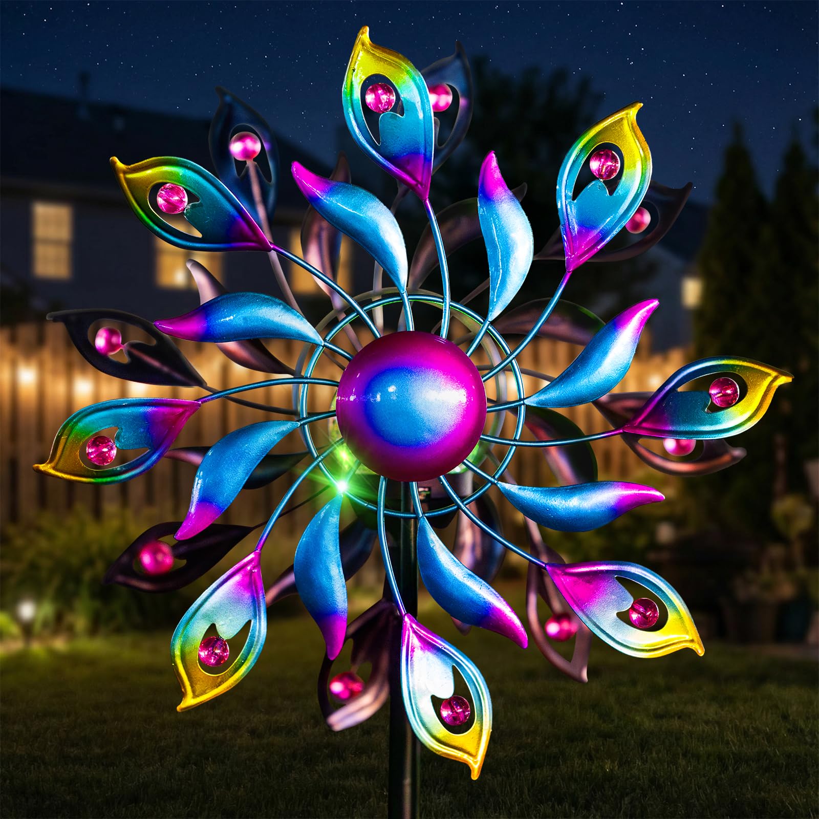 XPSCOCO solar wind spinner with peacock-feather blades adds color to garden
