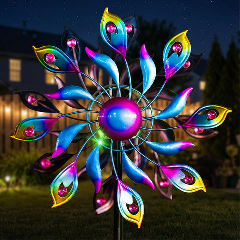 XPSCOCO solar wind spinner with peacock-feather blades adds color to garden