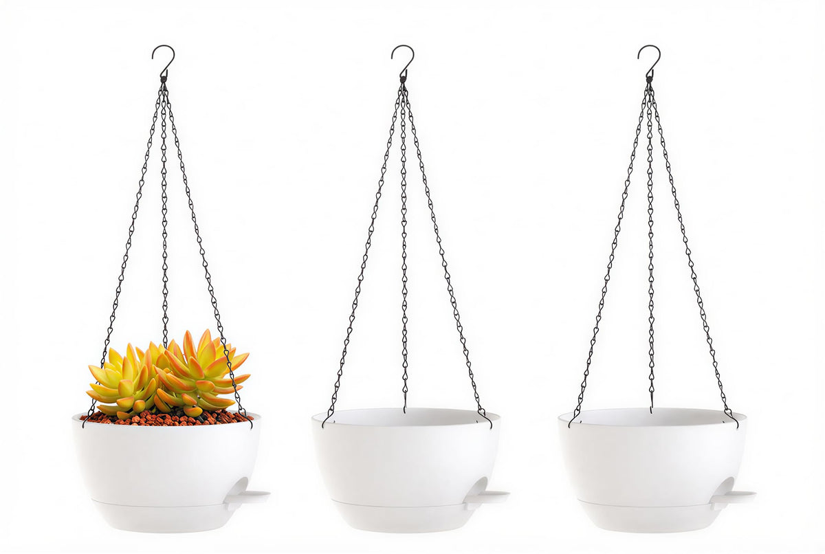 XQSHPDM hanging planters 3-pack, 10-inch white, ideal for indoor or outdoor decor.