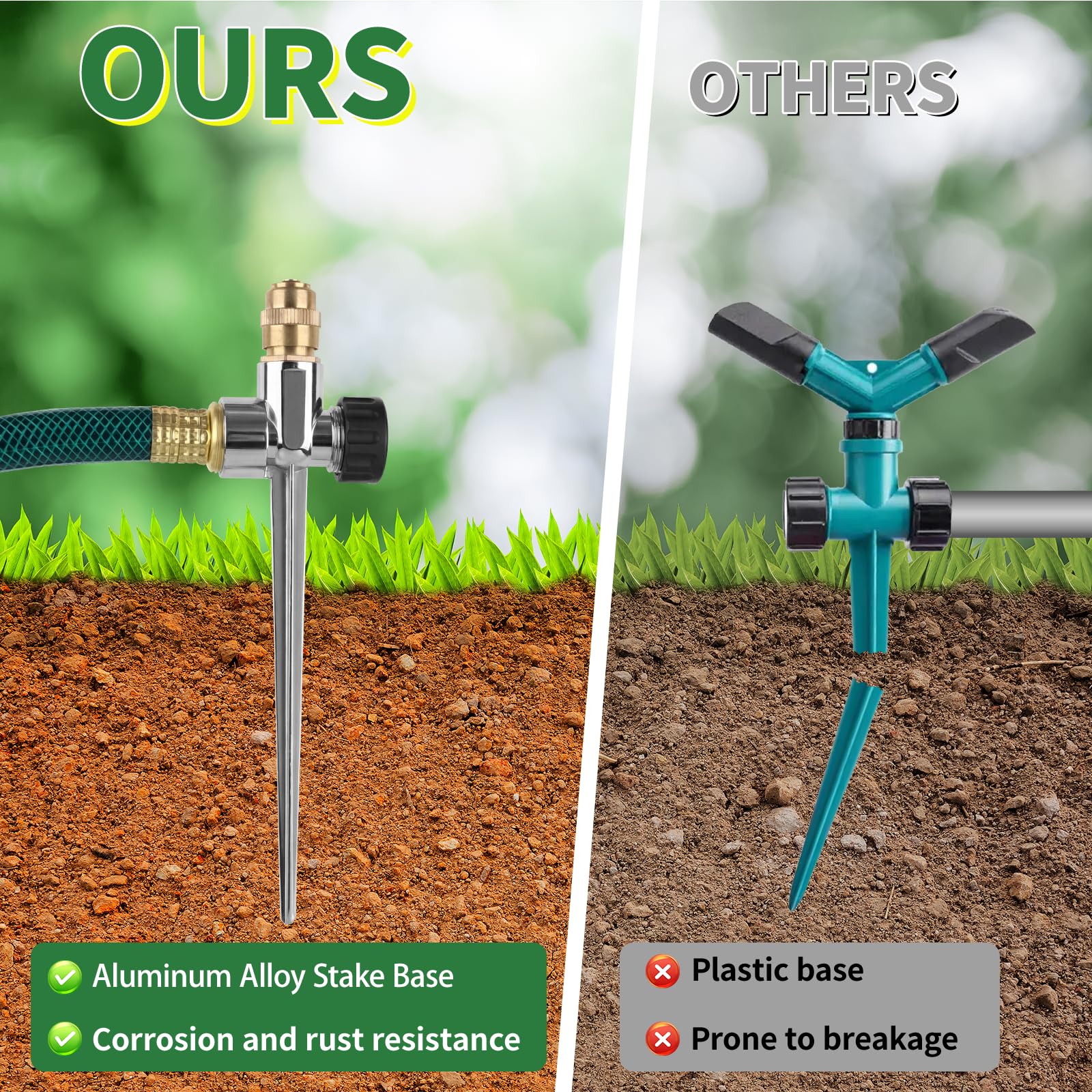 XRBZYQA easy-install sprinkler stakes inserted into soil for quick setup.