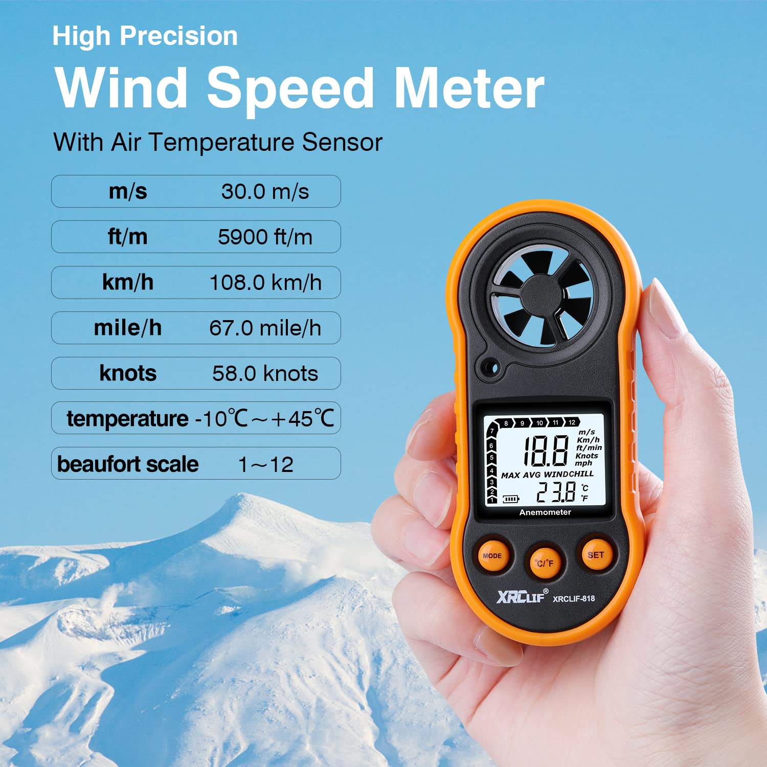 XRCLIF wind speed meter back view showing simple control layout