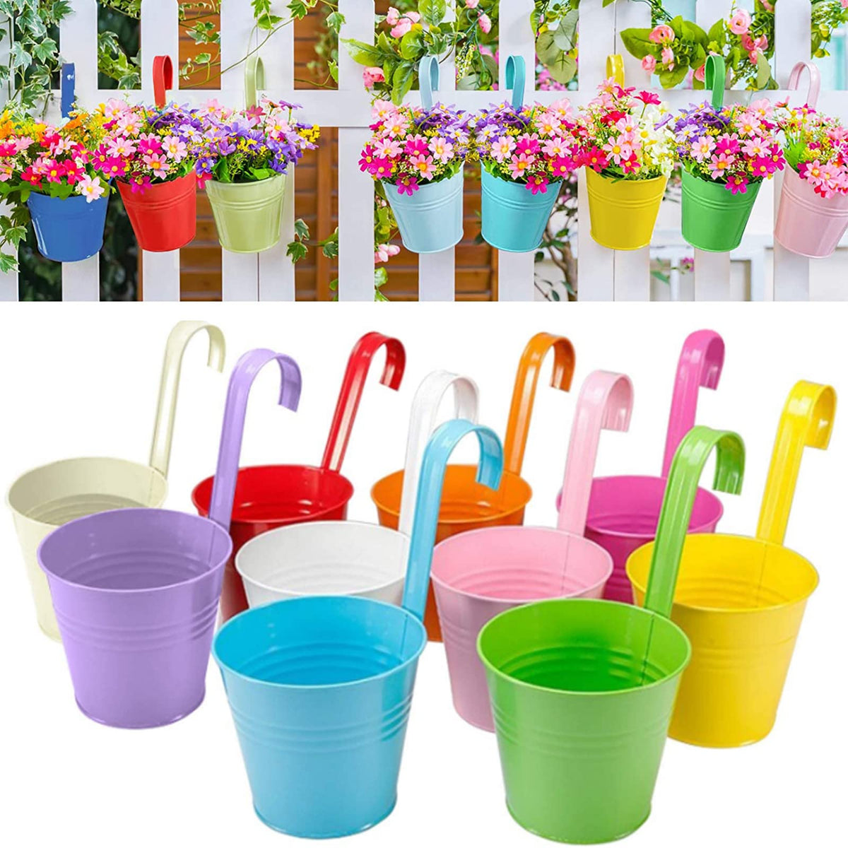 XRR hanging planters 10-pack with dimensions for balcony setups.