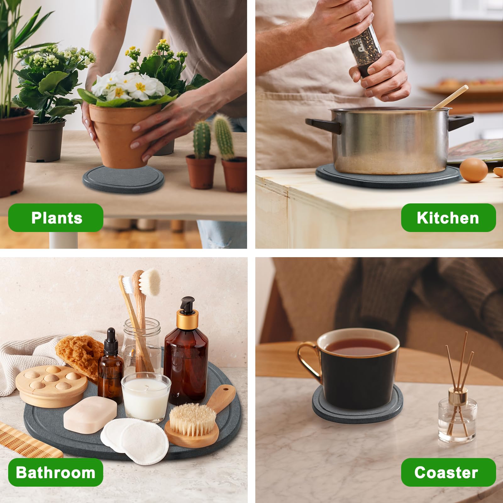 XRzitky diatomite plant saucer collection shows three sizes for versatile indoor use.