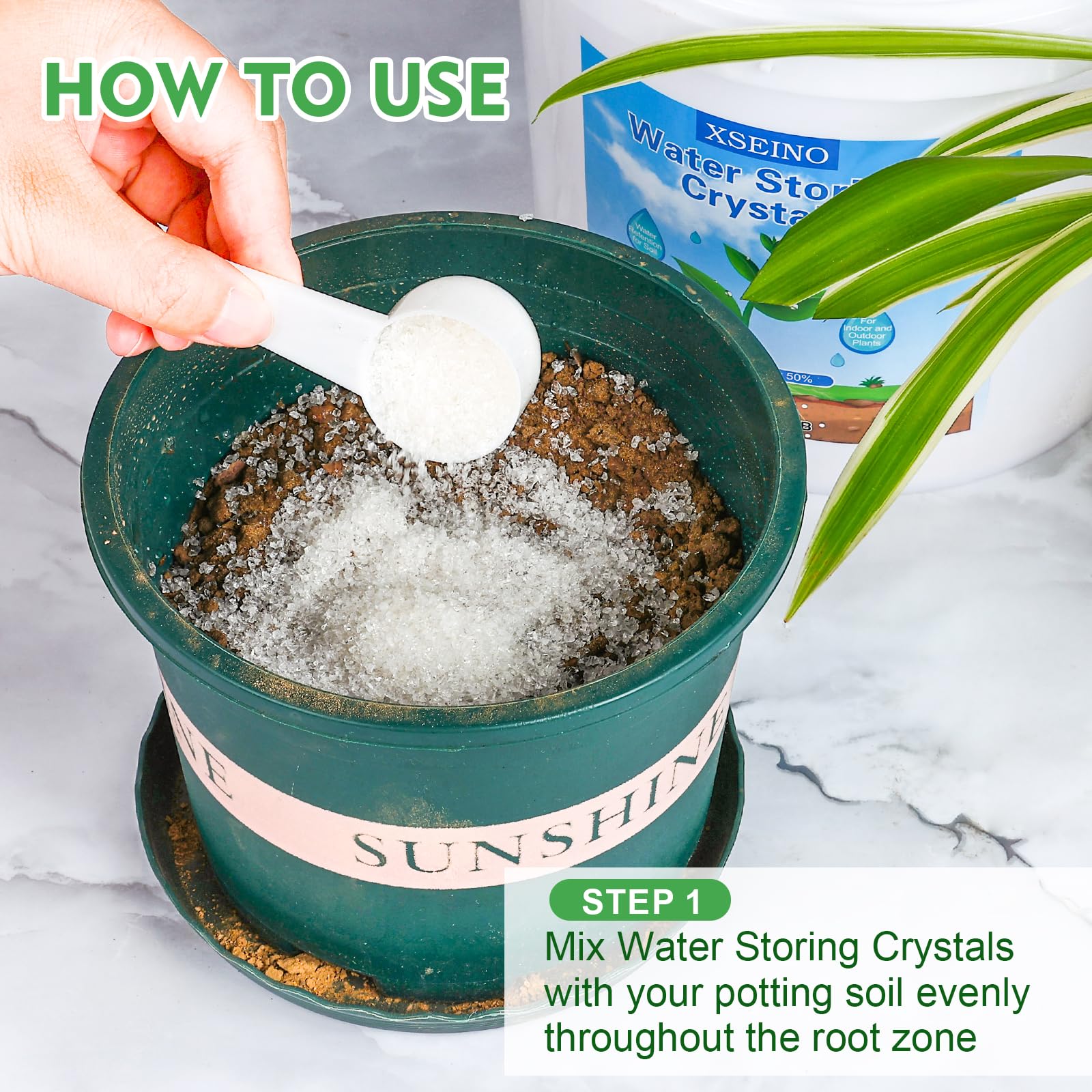 XSEINO crystal gel absorbs water, slowly releasing to keep soil moist.