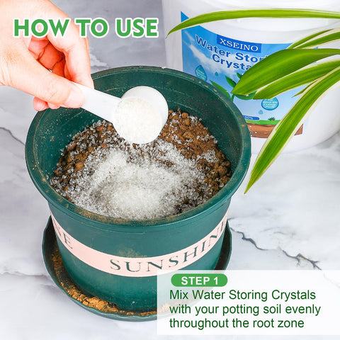 XSEINO crystal gel absorbs water, slowly releasing to keep soil moist.