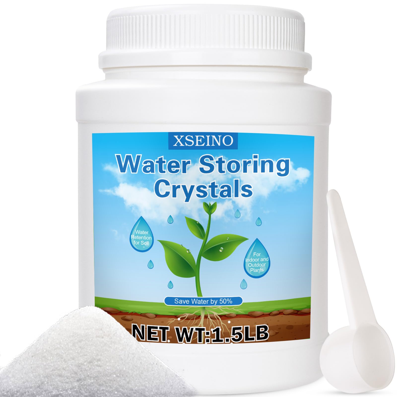 XSEINO soil moisture crystals closeup show water-storing beads ready to hydrate potted plants longer.