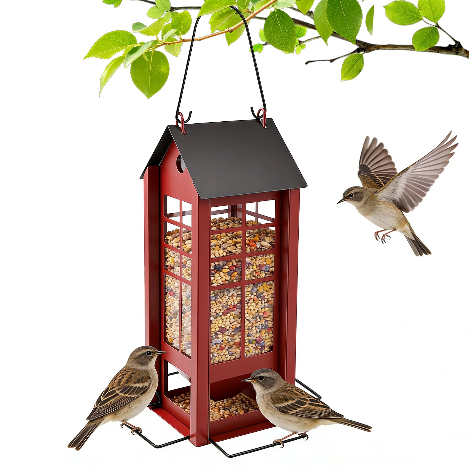 XSIEDVP Hanging Bird Feeder with Roof keeps seeds dry in outdoor spaces.