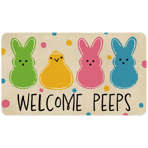 Xsinufn Easter door mat with bunny and chick motif greets guests and traps dirt.