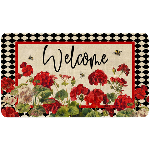 Xsinufn geranium bee red floral buffalo plaid door mat boosts curb appeal and porch styling