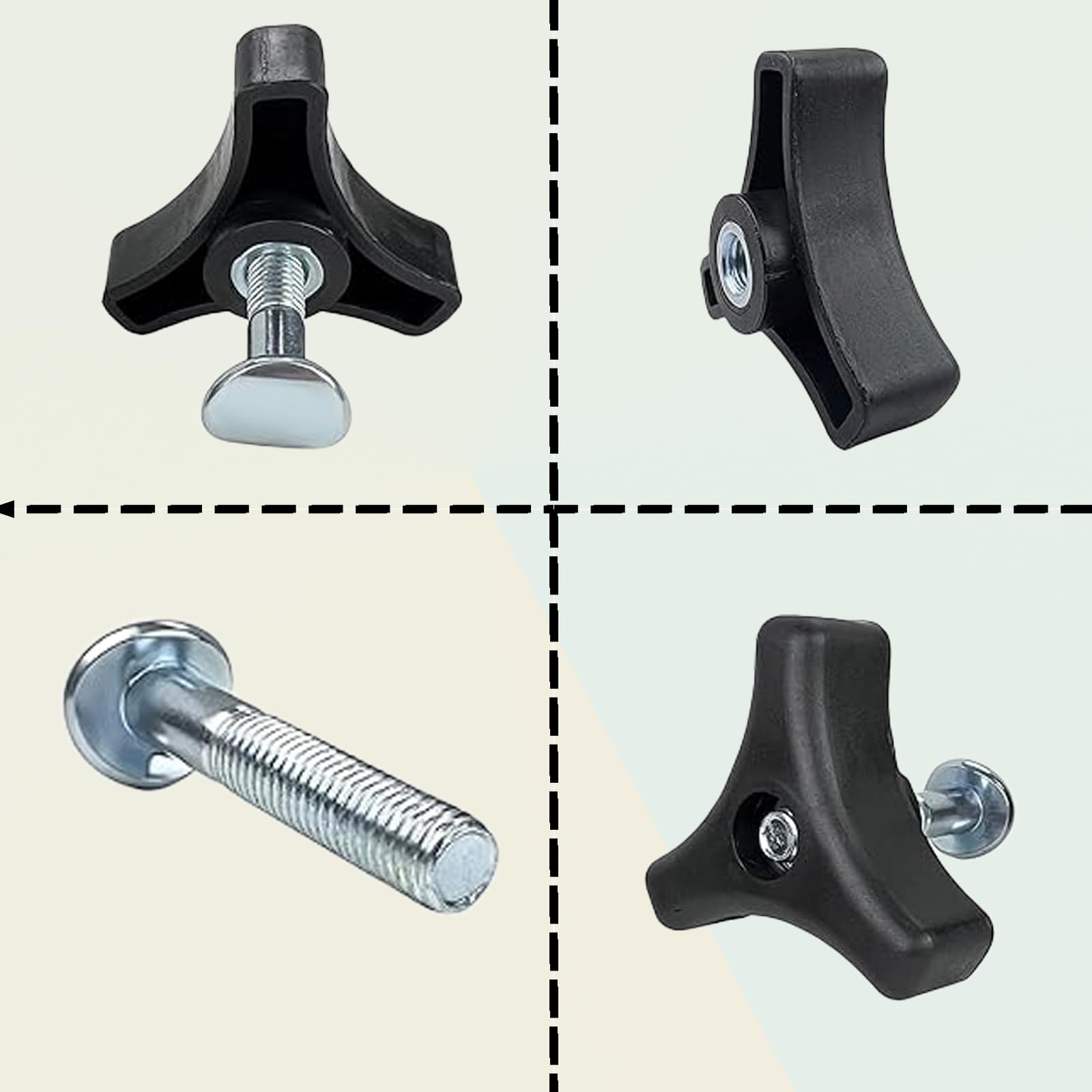 Triangle knob and bolt set enables quick, tool-free mower handle installation.