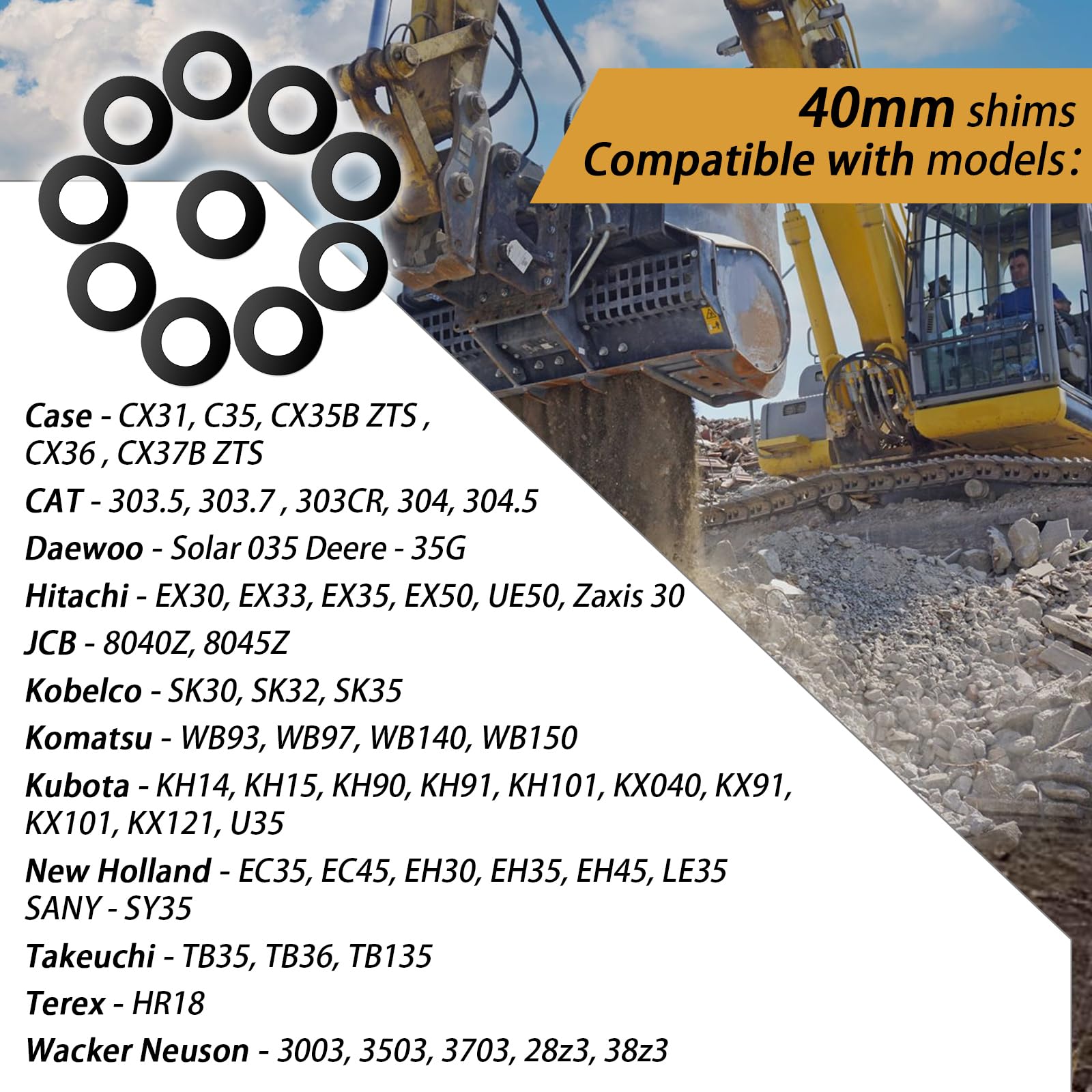 XTPTFABS 40mm bucket pin shim kit for skid steers—grease life and dirt protection.