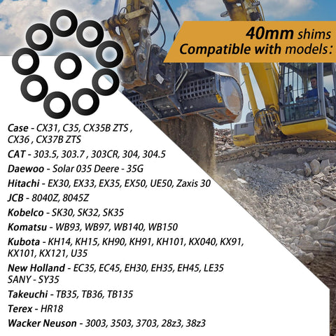 XTPTFABS 40mm bucket pin shim kit for skid steers—grease life and dirt protection.