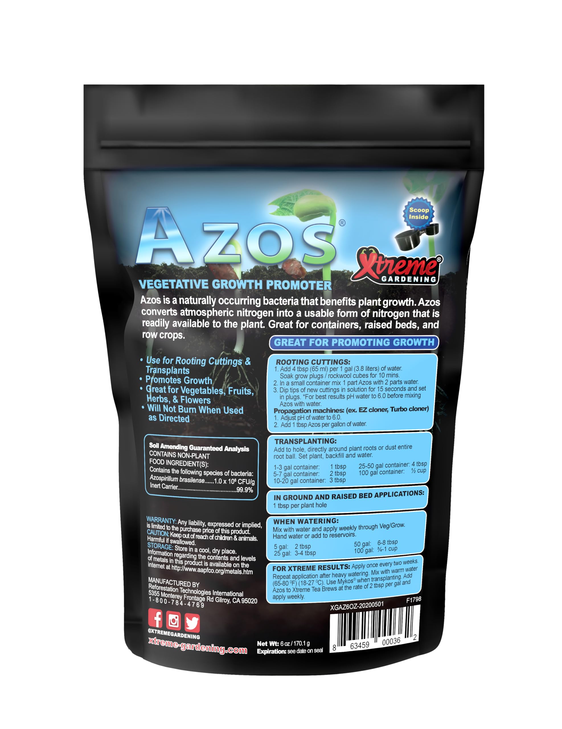 Xtreme Gardening AZOS bottle with label promotes natural root stimulation for seedlings.