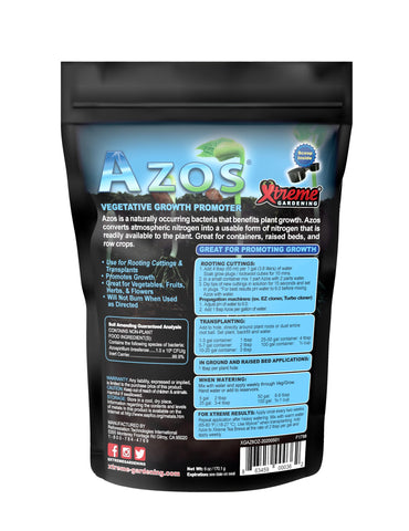 Xtreme Gardening AZOS bottle with label promotes natural root stimulation for seedlings.