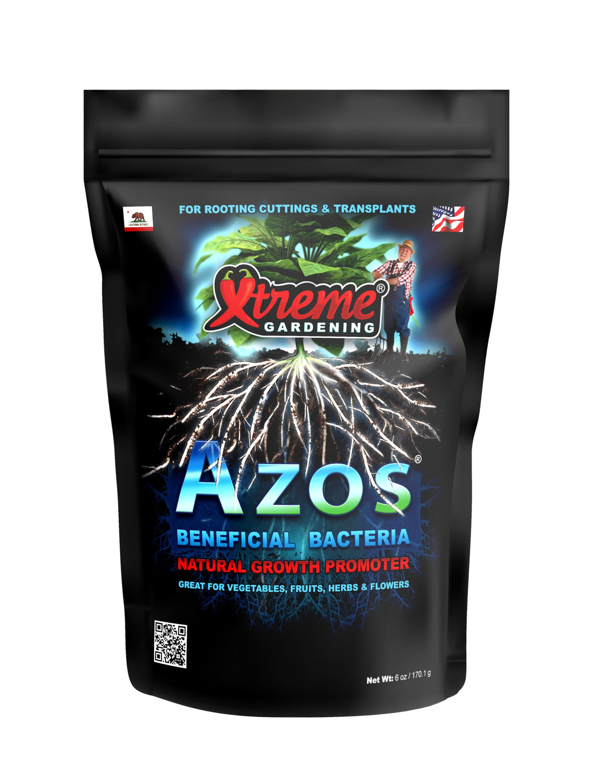 Xtreme Gardening AZOS six-ounce bottle emphasizes nitrogen-fixing bacteria for robust root growth.