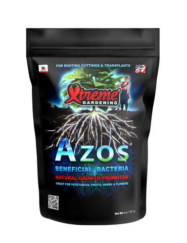 Xtreme Gardening AZOS six-ounce bottle emphasizes nitrogen-fixing bacteria for robust root growth.