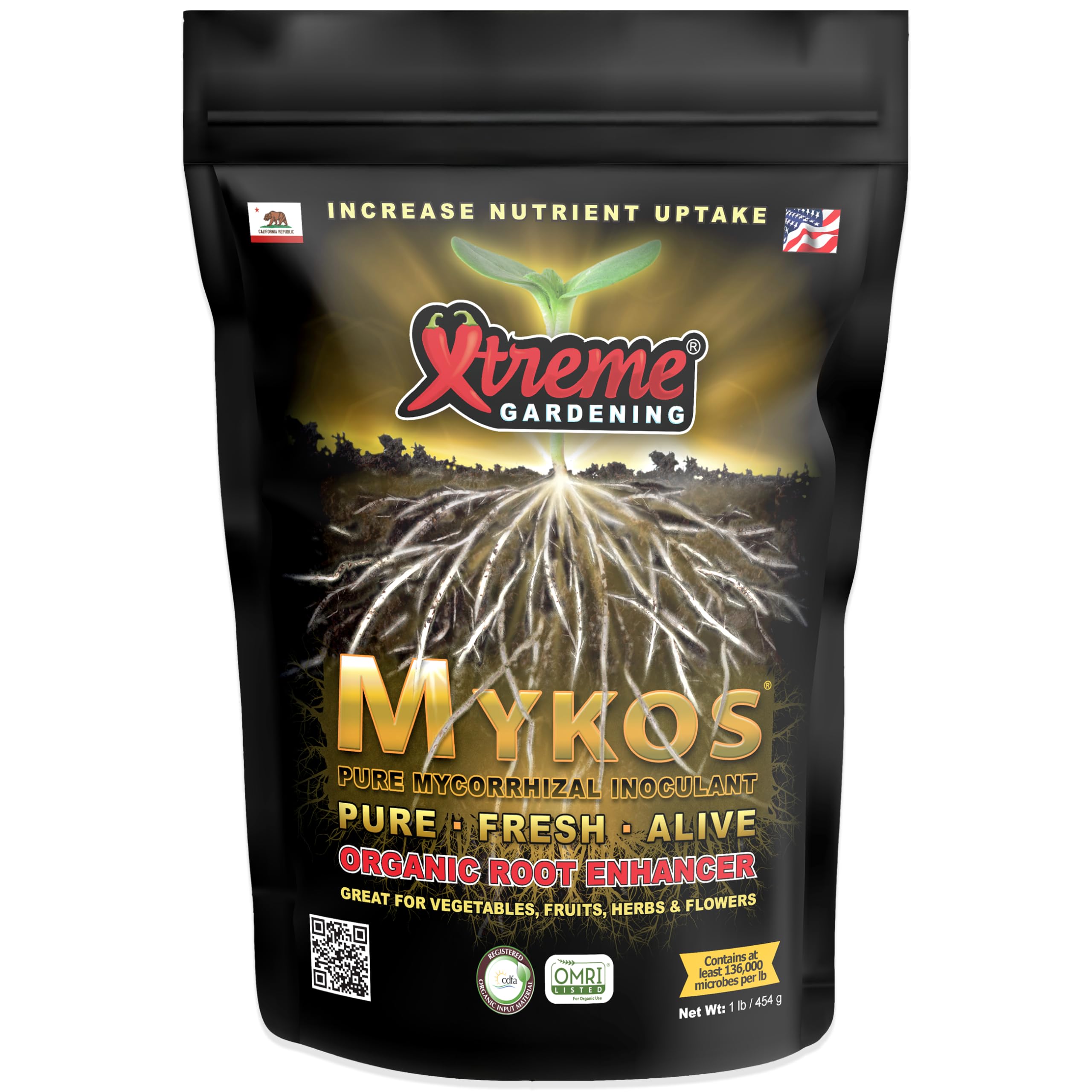 Xtreme Gardening Mykos bottle label showing organic fungi for healthier root networks
