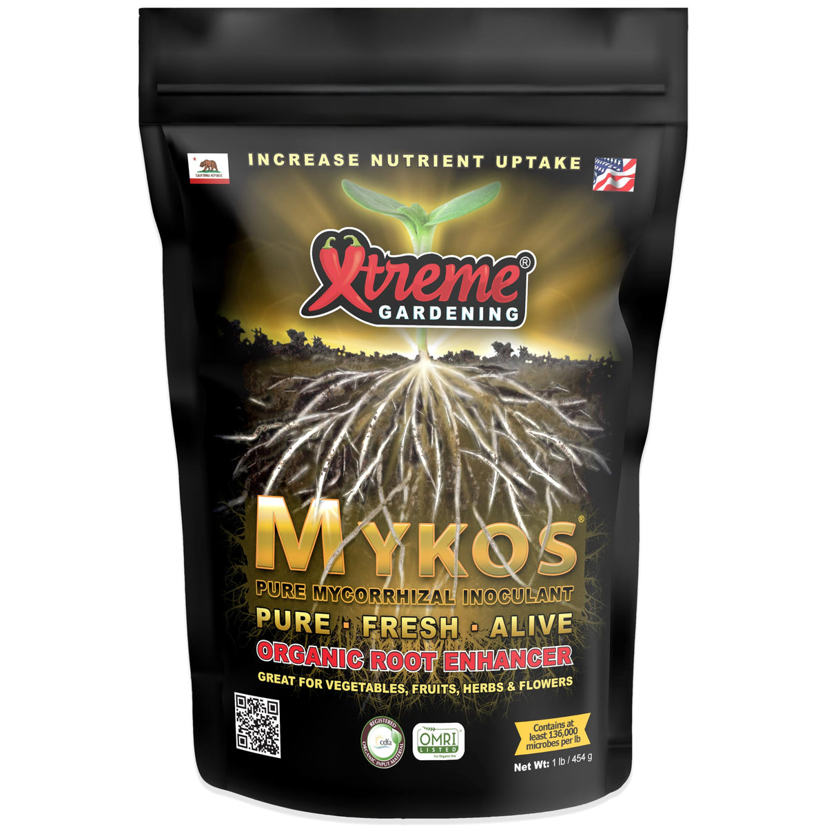 Xtreme Gardening Mykos bottle label showing organic fungi for healthier root networks