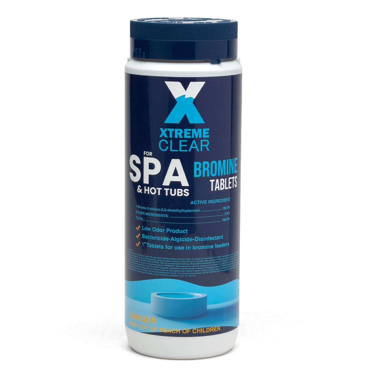 Xtremeclear bromine tablets 1inch bottle closeup, steady spa sanitization.