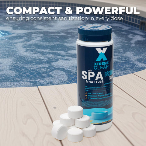 Xtremeclear bromine tablets packaging display emphasizes long-lasting sanitization.