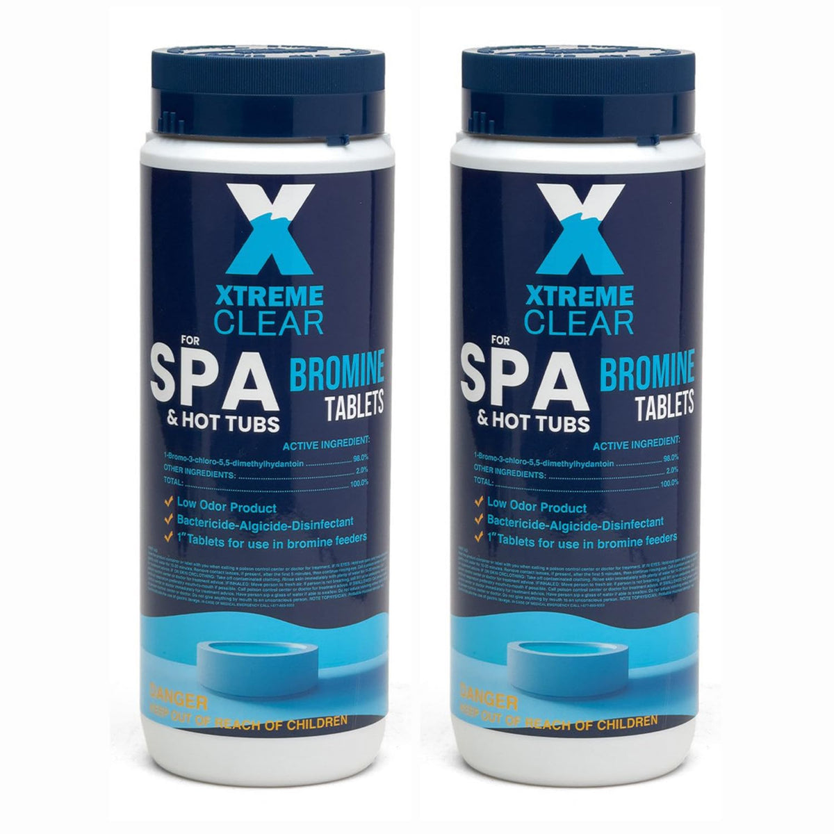 Xtremeclear bromine tablets close-up for spa water sanitization and long-lasting action.