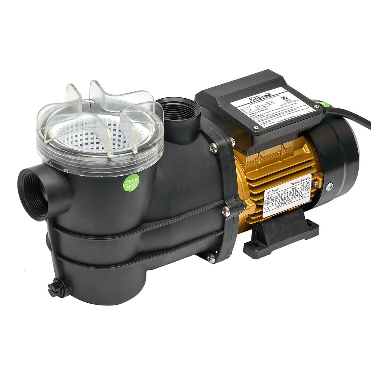 XtremepowerUS 3/4HP pool pump front view for efficient water circulation.