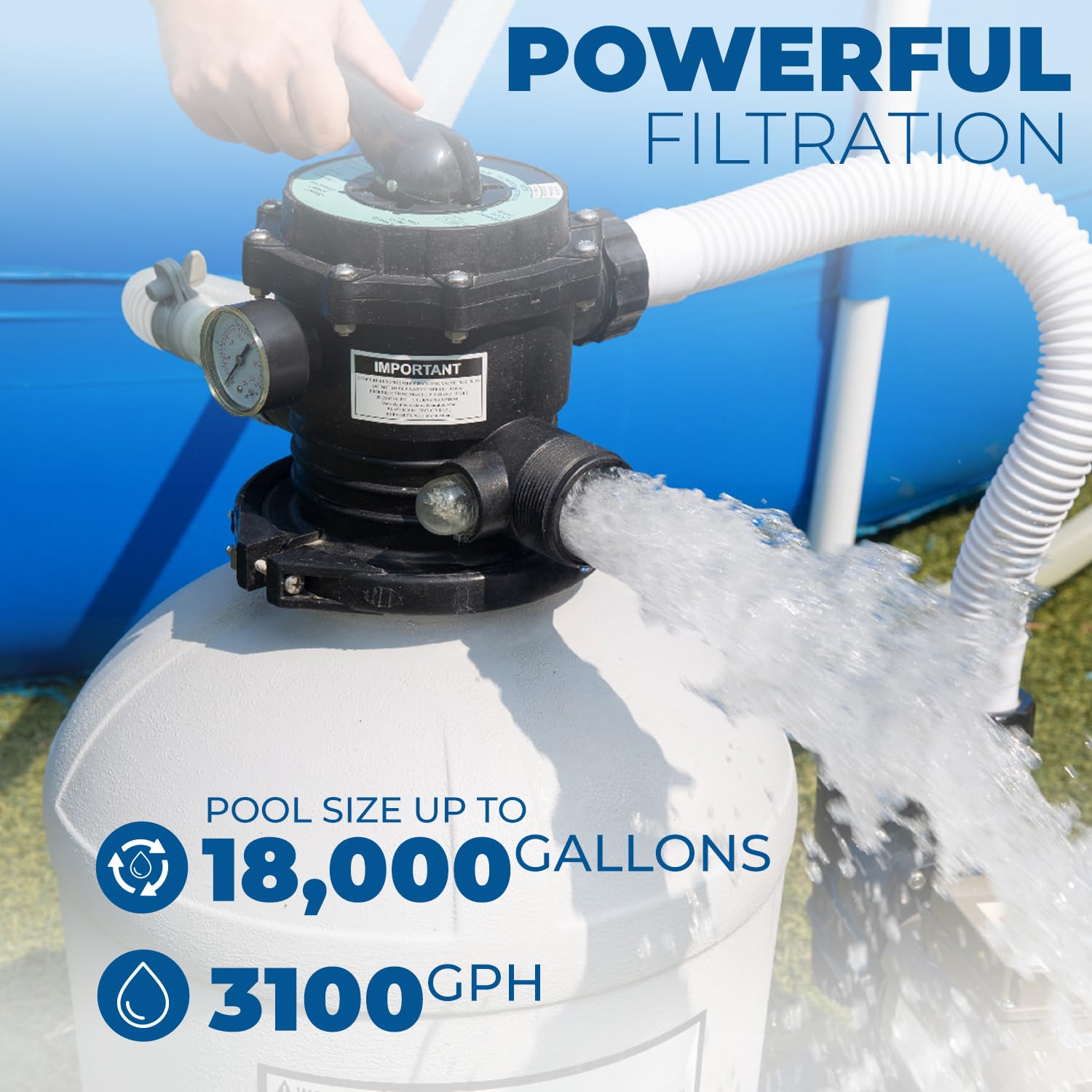 XtremepowerUS 3100 GPH flow rate close-up showing strong circulation