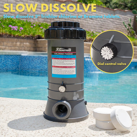 XtremepowerUS inline chlorinator dial control shows adjustable feed rate for balanced chlorine.