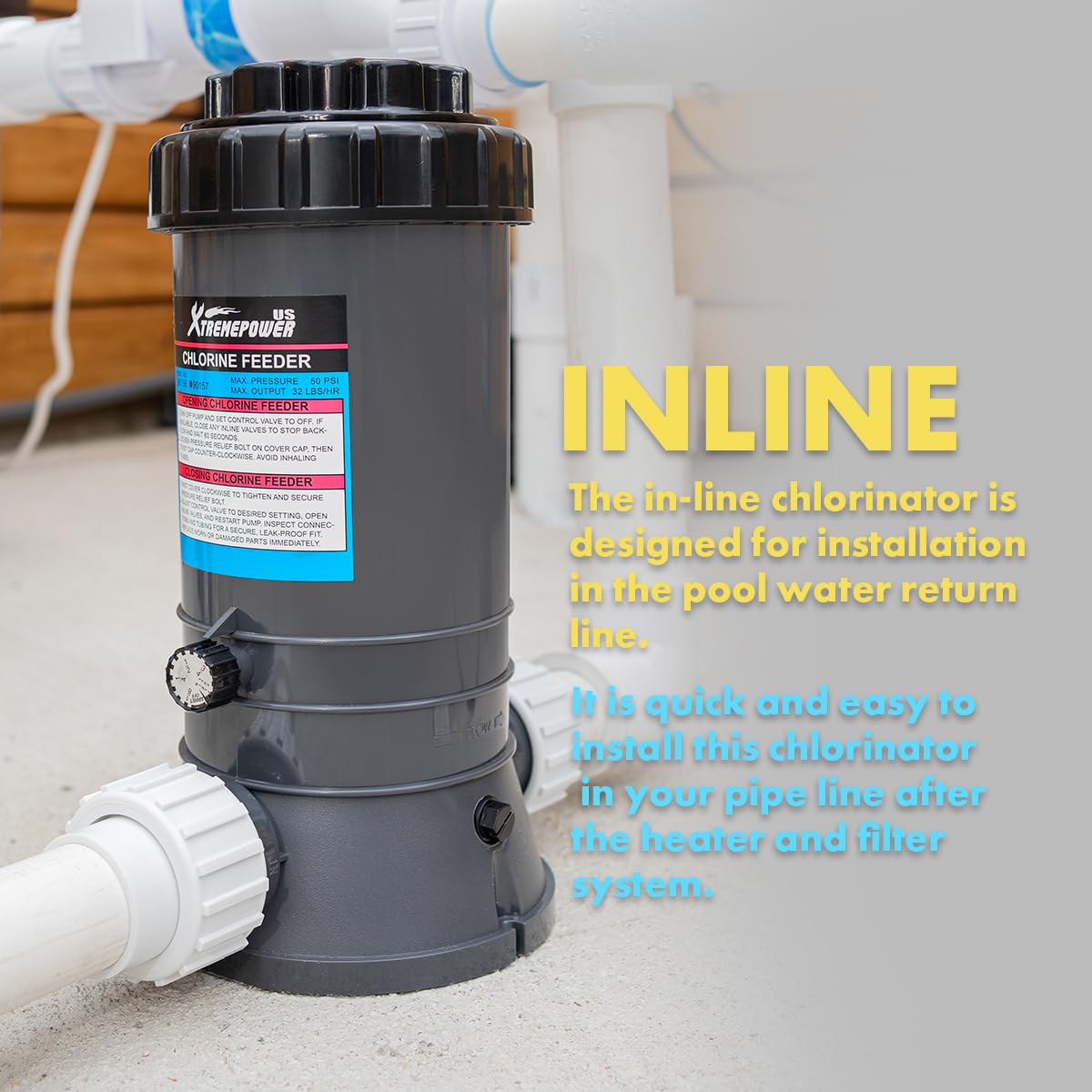XtremepowerUS inline chlorinator tank with 9-pound capacity supports longer intervals.
