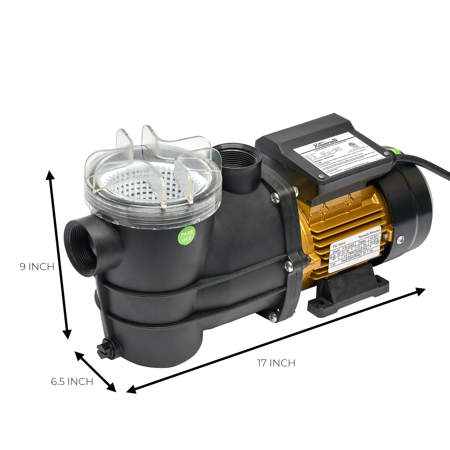 XtremepowerUS 3/4HP pump installation view shows 1.5 inch unions and plug-and-play setup.