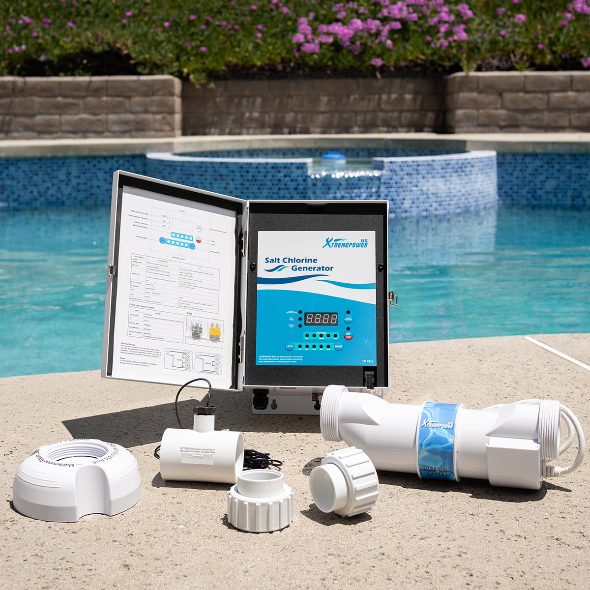 XtremepowerUS saltwater pool chlorinator exterior view shows maintenance-free operation