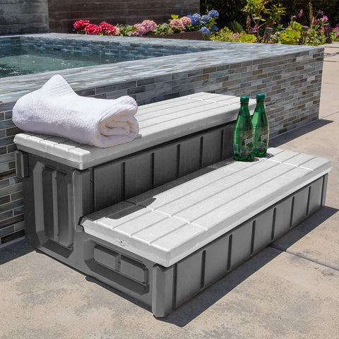 XtremepowerUS universal 2-step spa step with storage lid keeps towels and accessories tidy.