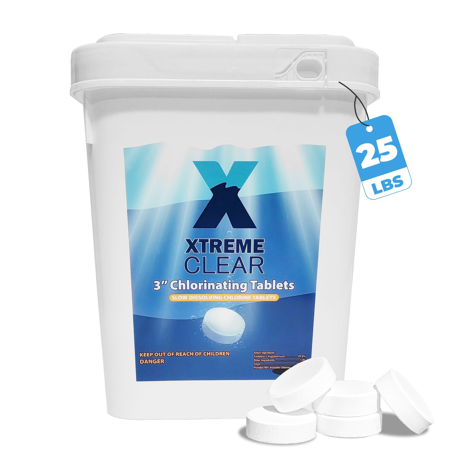 XtremepowerUS Xtremeclear 3-inch chlorine tablets in bucket front view for pool sanitation.