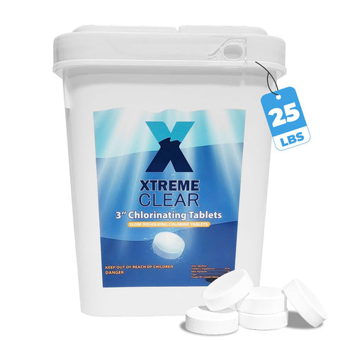 XtremepowerUS Xtremeclear 3-inch chlorine tablets in bucket front view for pool sanitation.