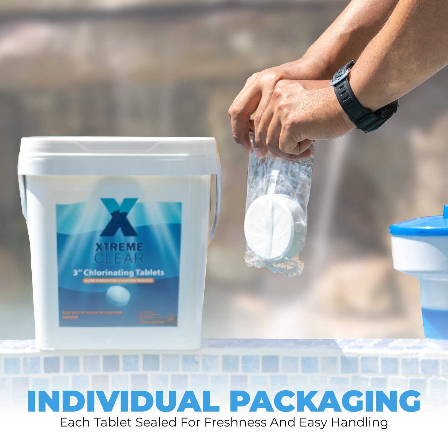 XtremepowerUS Xtremeclear 3-inch tablets close-up showing slow-dissolving action for pools.