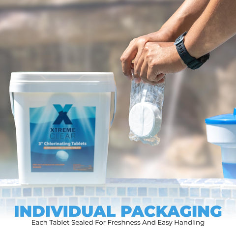 XtremepowerUS Xtremeclear 3-inch tablets close-up showing slow-dissolving action for pools.