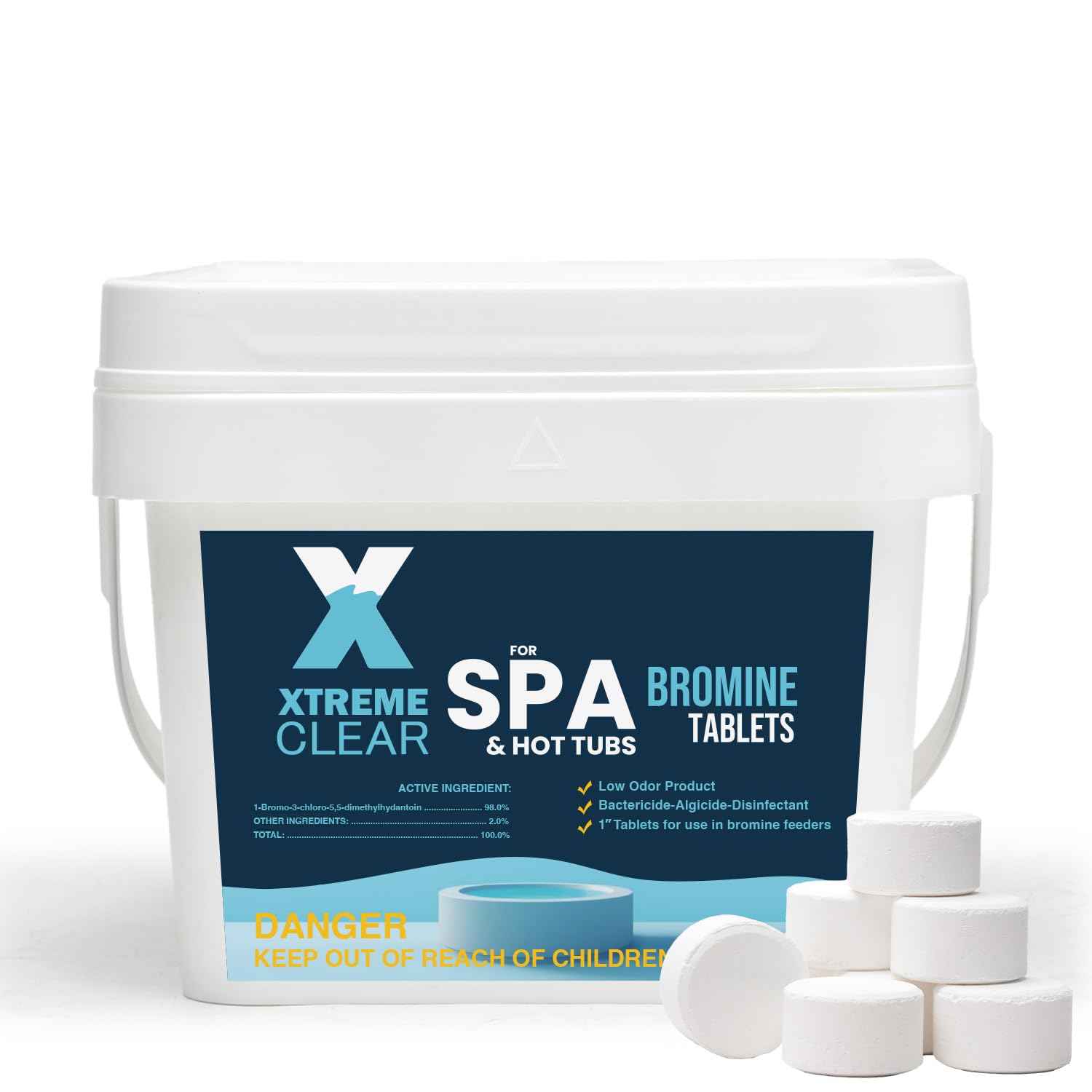 Xtremeclear 1 inch bromine tablets close up for reliable spa sanitization.