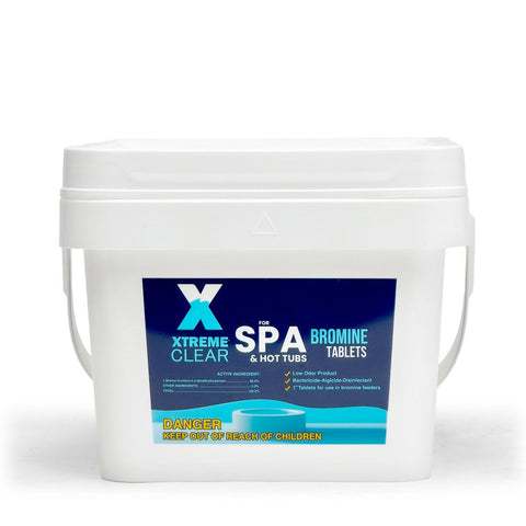 Xtremeclear bromine tablets 5 lb bottle ready for spa sanitation and easy dosing.