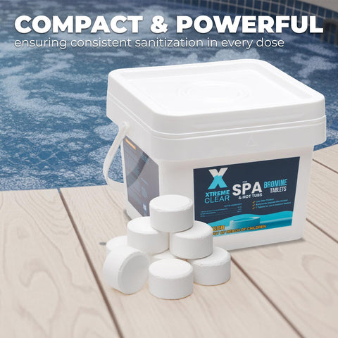 Xtremeclear bromine tablets NSF-certified for reliable spa and pool water sanitization.
