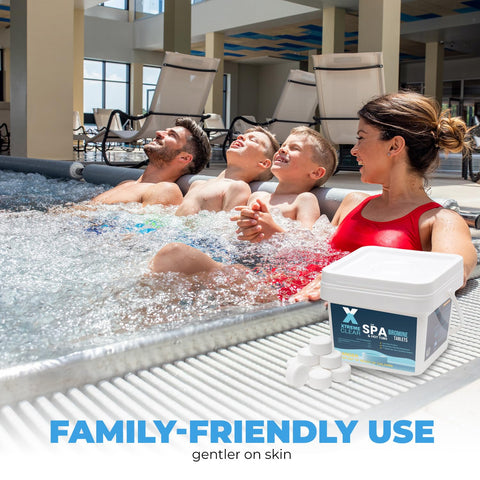 Xtremeclear bromine tablets gentle on skin and eyes for family spa use.